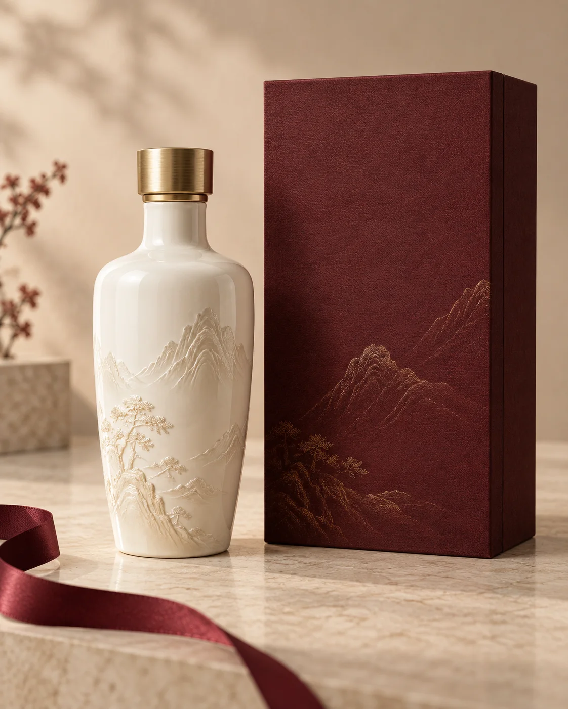 白色酒瓶与酒红色礼盒的定制包装示意
